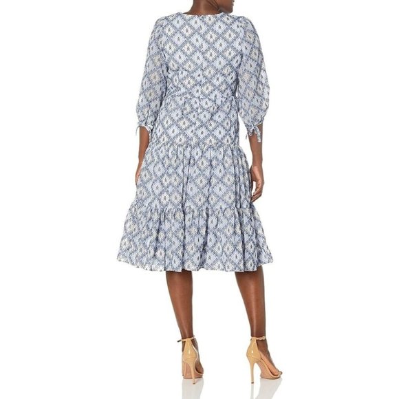 Calvin Klein Dress Blue Floral Tiered Midi Tie 3/4 Sleeve V Neck - Picture 2 of 14